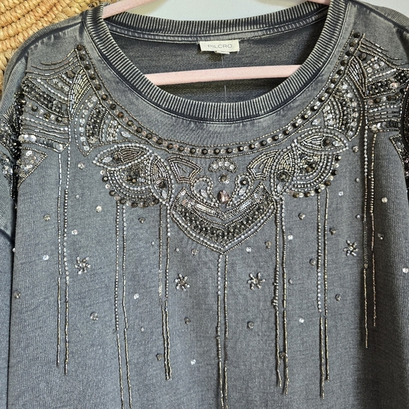 Anthropologie, New Pilcro Embellished Beaded Graphic Gray Sweatshirt SZ Large - Picture 3 of 16